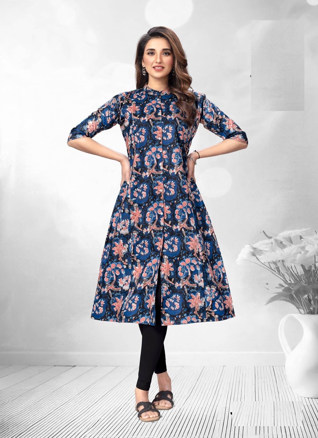 Light Blue Printed A Line Cotton Kurtis 2004
