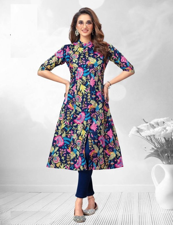 Navy Blue Printed A Line Cotton Kurtis 2007