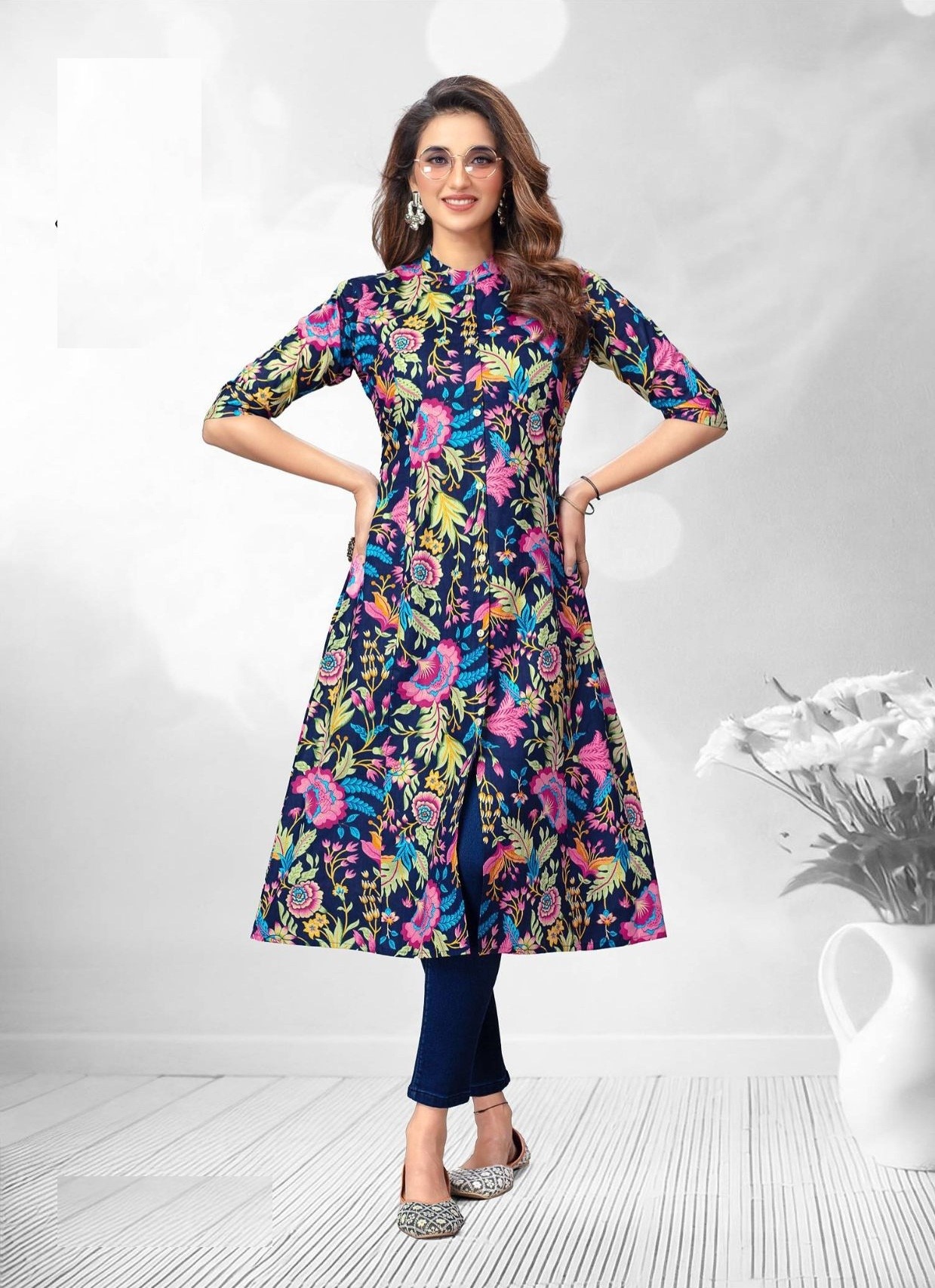 Navy Blue Printed A Line Cotton Kurtis 2007