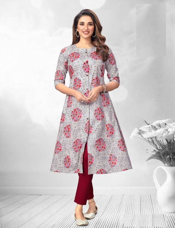 Grey Printed A Line Cotton Kurtis 2008