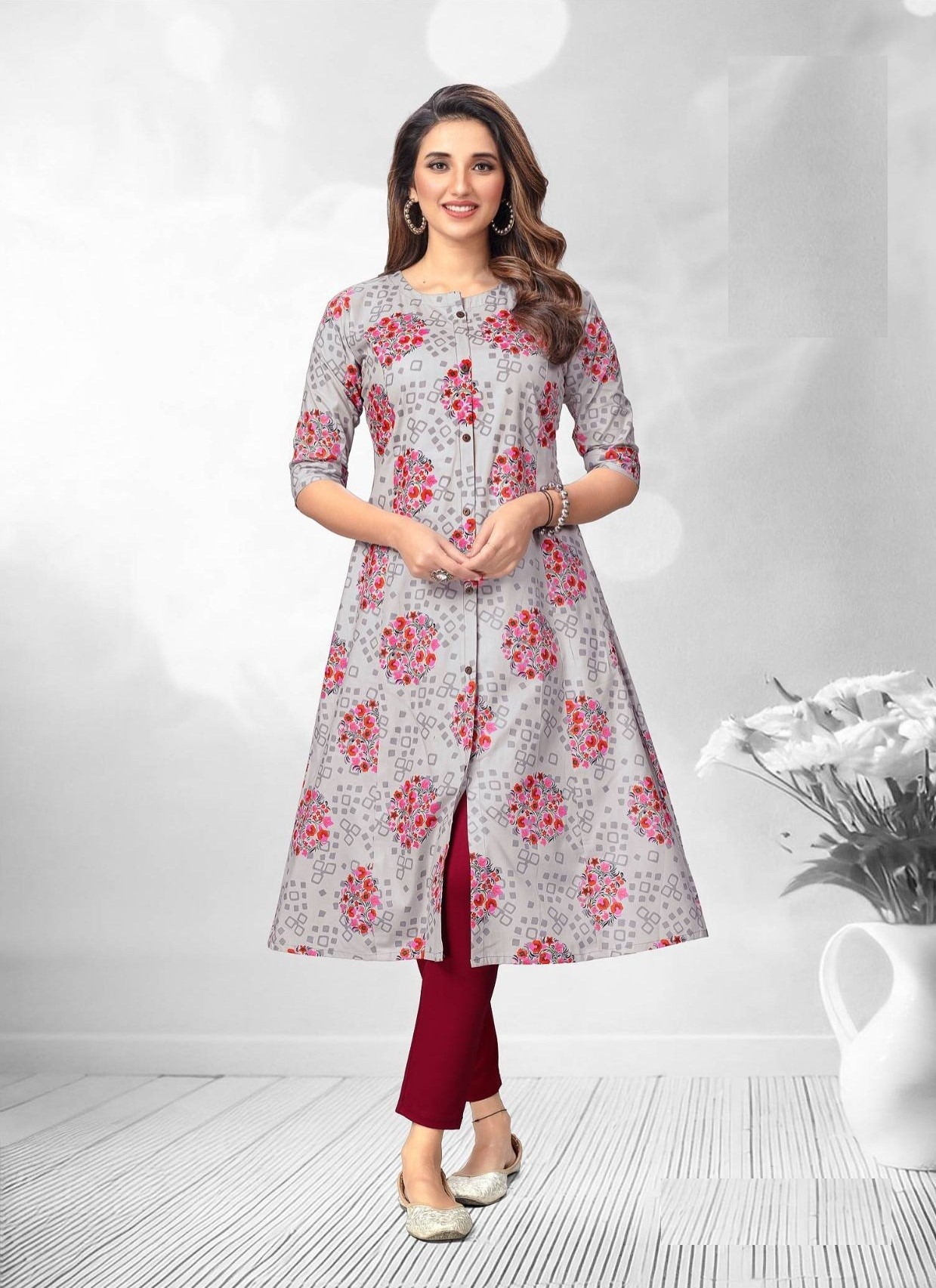 Grey Printed A Line Cotton Kurtis 2008