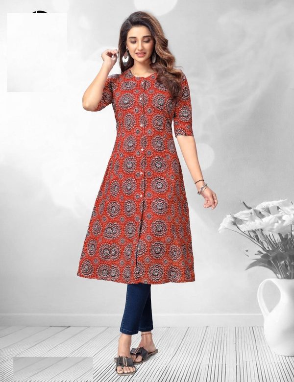 Orange Printed A Line Cotton Kurtis 2009
