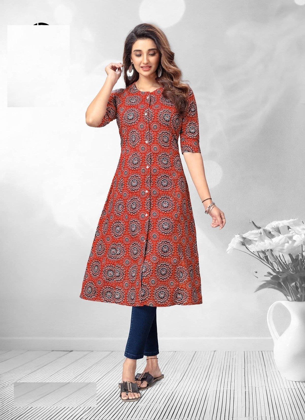 Orange Printed A Line Cotton Kurtis 2009