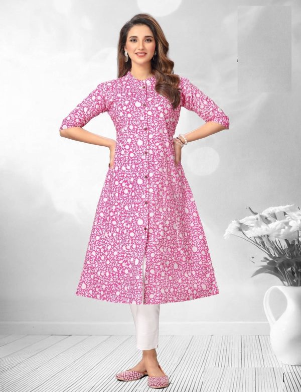 Pink Printed A Line Cotton Kurtis 2010