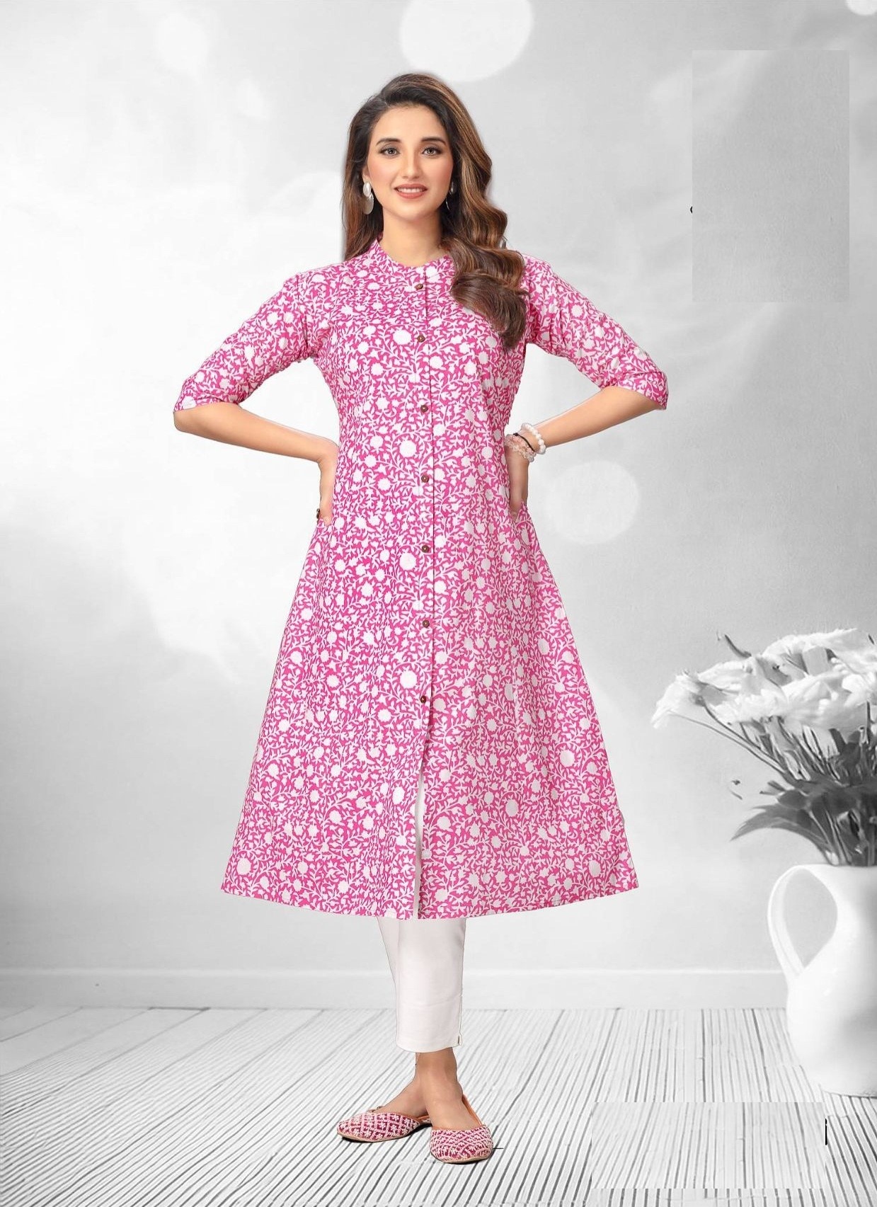 Pink Printed A Line Cotton Kurtis 2010