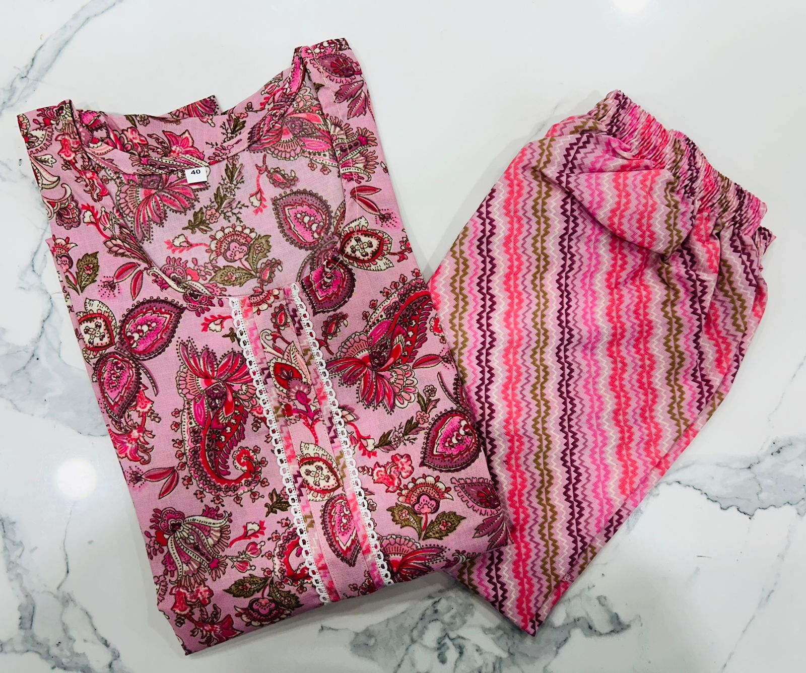 Pink Pure Cotton Kurti & Pant Set 1214