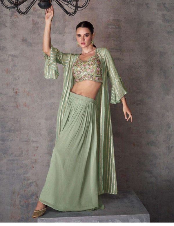 Mint Green Heavy Sequins Work Wedding Indowestern Crop Top, Palazzo & Shrug Set 5468