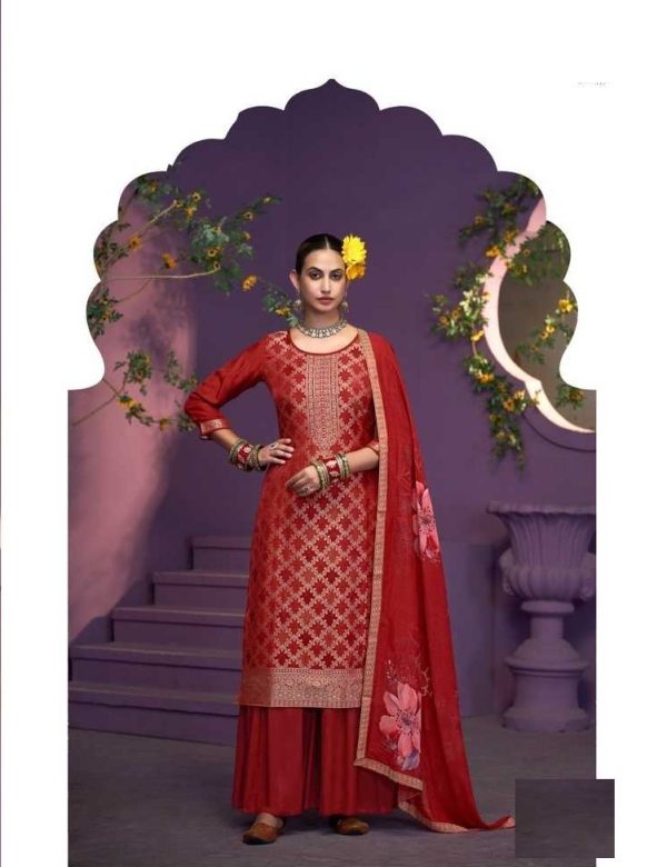 Red Heavy Jacquard Full Stitched Plus Size Suits With Muslin Digital Print Dupatta 11922