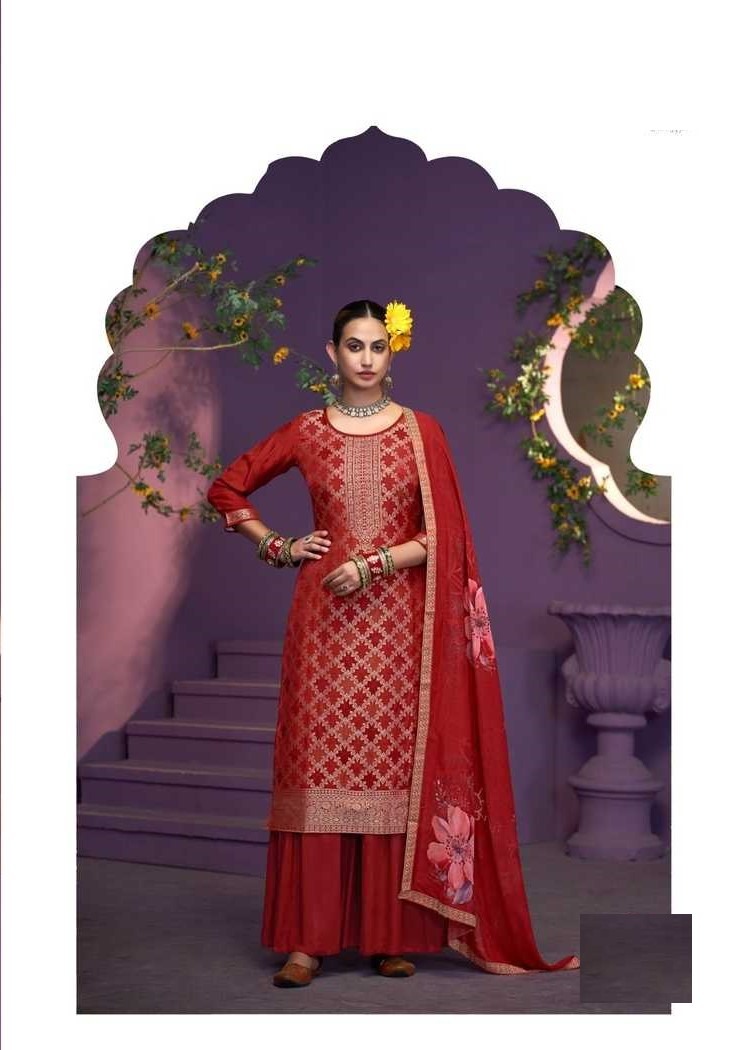 Red Heavy Jacquard Full Stitched Plus Size Suits With Muslin Digital Print Dupatta 11922