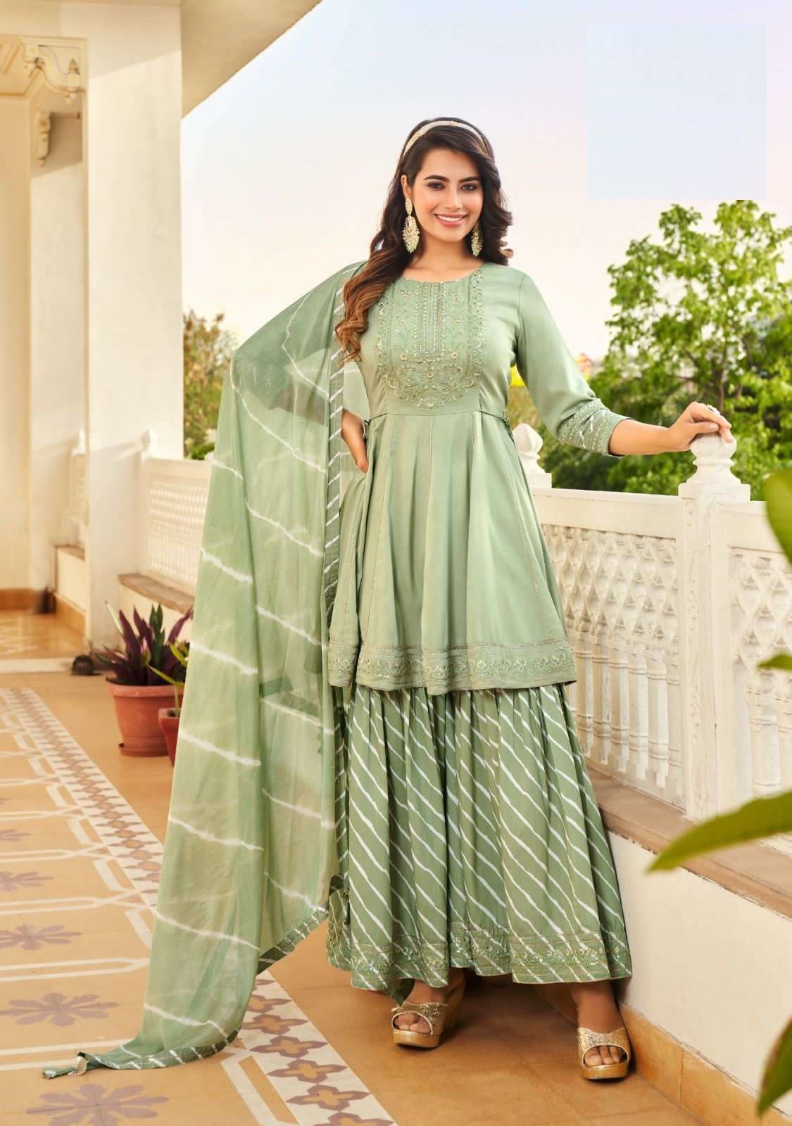 Pastel Green Heavy Silk Full Stitched Peplum Top Sharara Set With Dupatta 2201