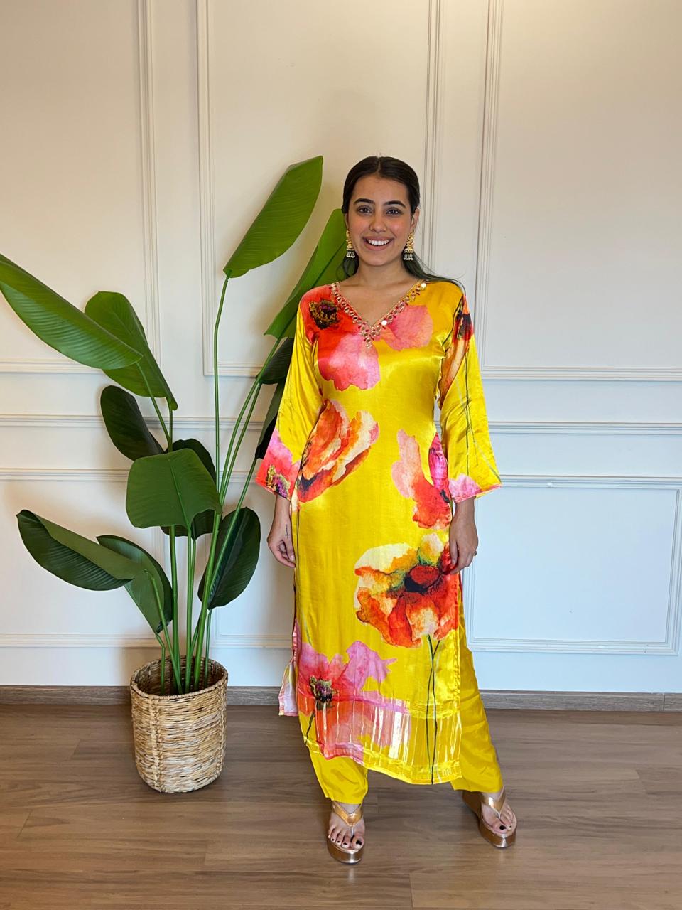 Soft Russian Silk Yellow Floral Print Mirror Work Lagda Patti Haldi Outfit 5122