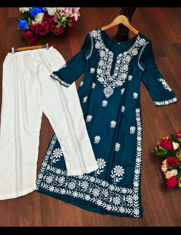 Peacock Blue Lucknowi Work Kurta & Pant Set 1211