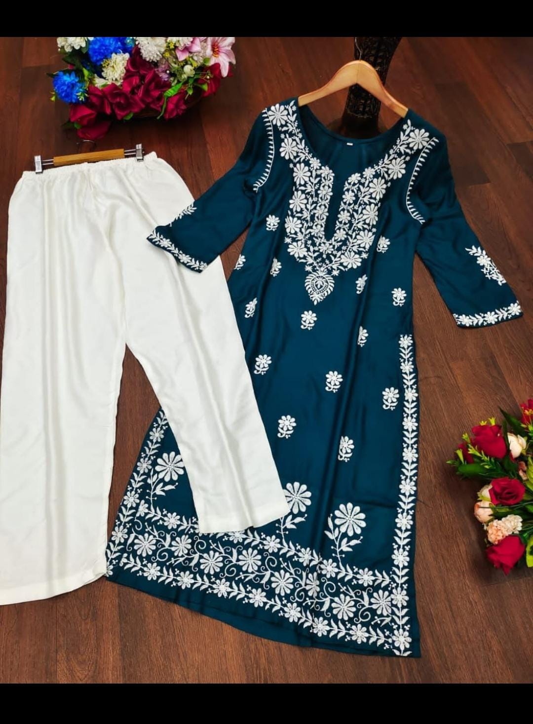 Peacock Blue Lucknowi Work Kurta & Pant Set 1211