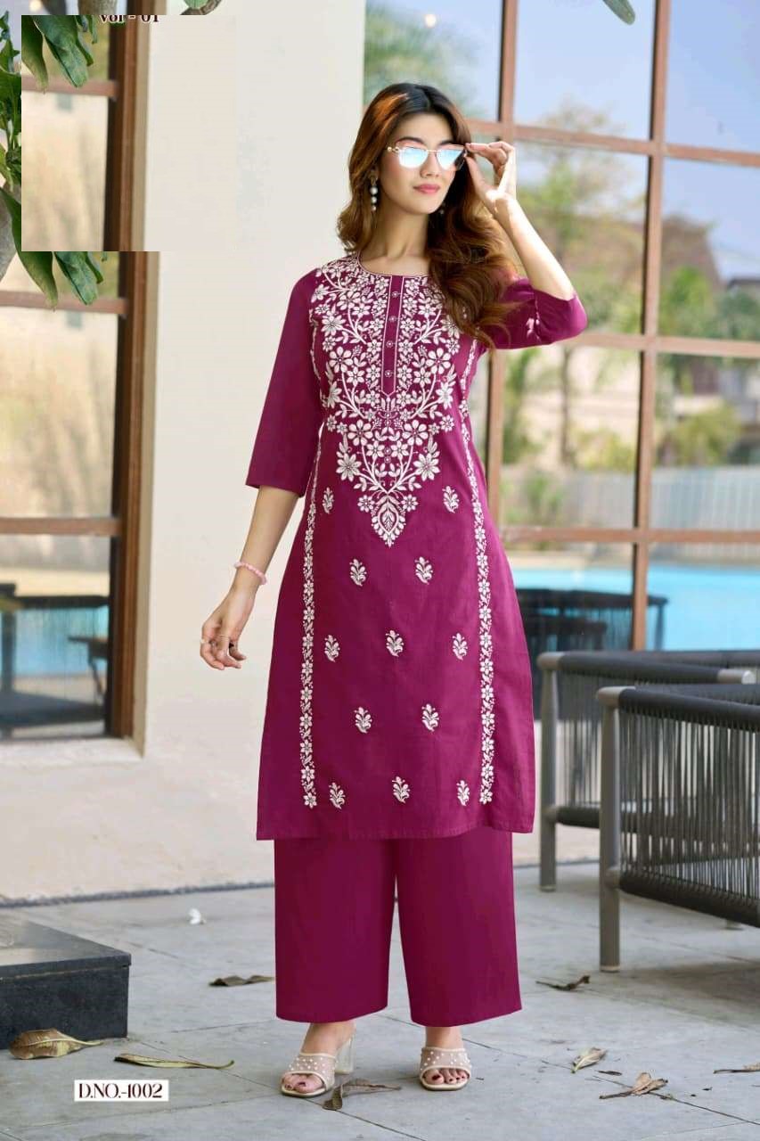 Cotton Slub Summer Wear Lucknowi Embroidery Kurta Sets 1001