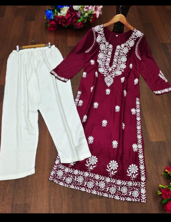 Maroon Lucknowi Work Kurta & Pant Set 1214