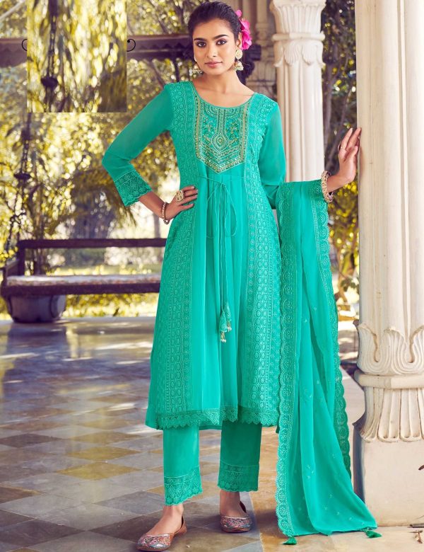 Aqua Green Georgette Chikankari Work Premium Full Stitch Suits 5064