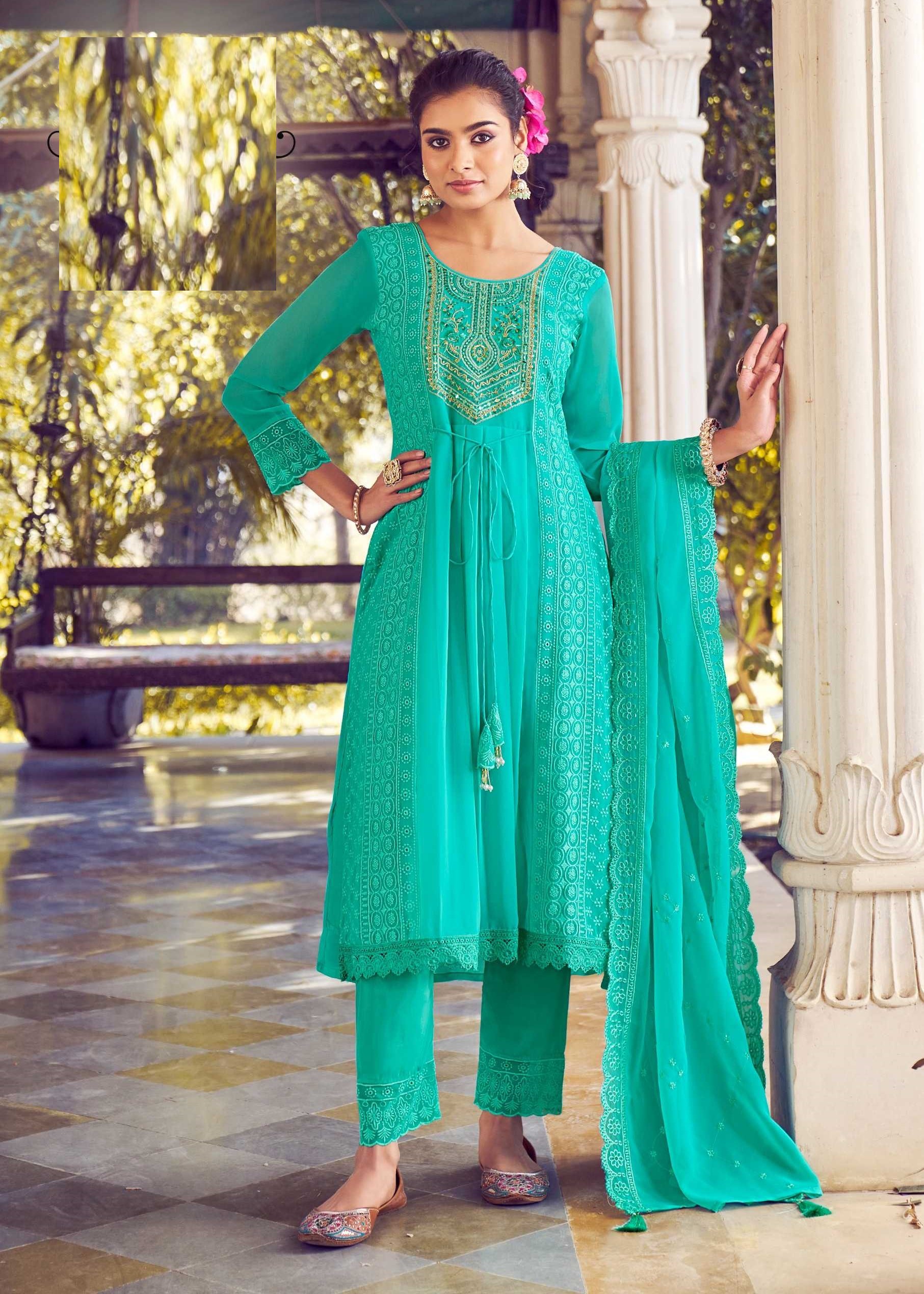 Aqua Green Georgette Chikankari Work Premium Full Stitch Suits 5064