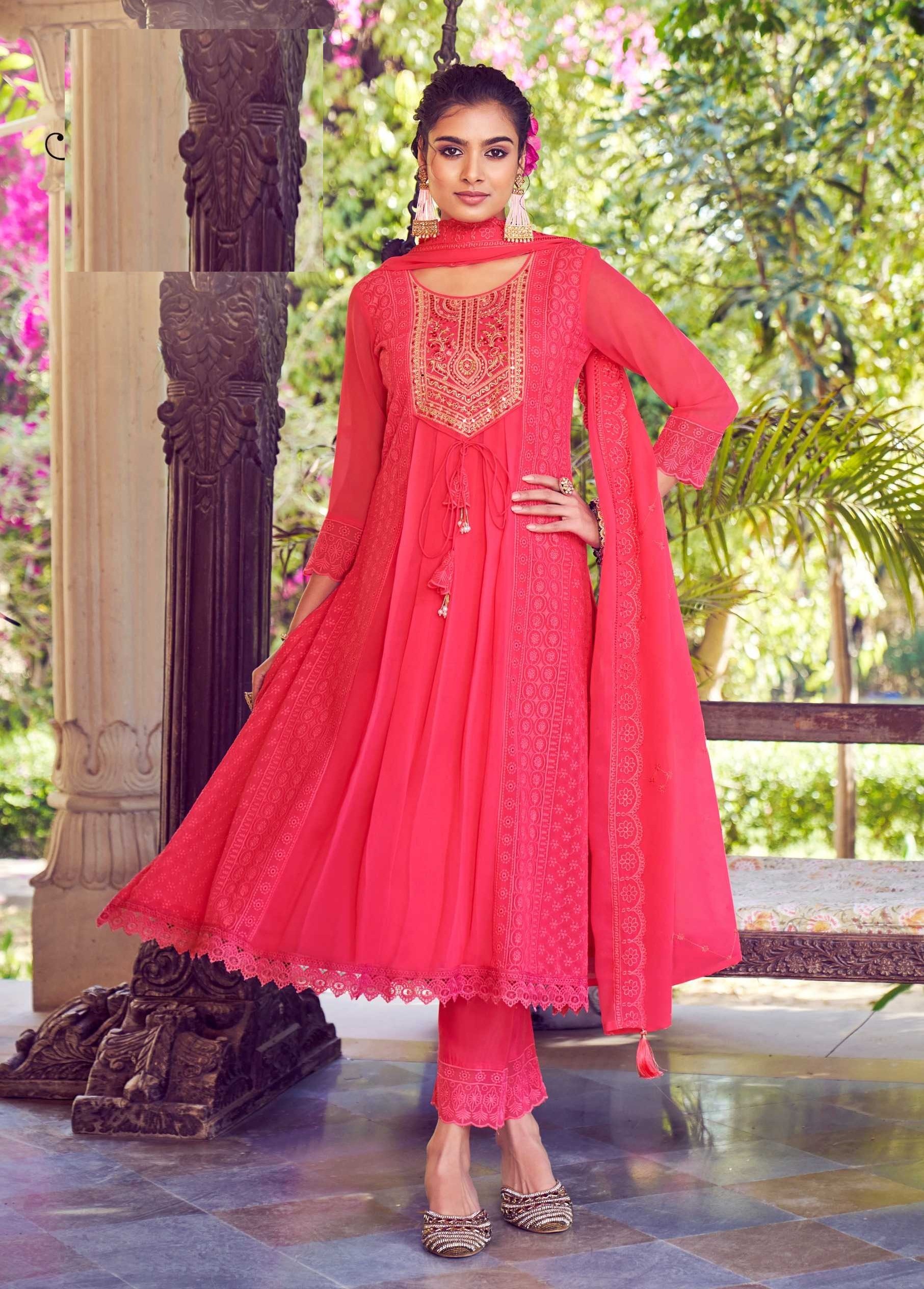 Pink Georgette Chikankari Work Premium Full Stitch Suits 5065
