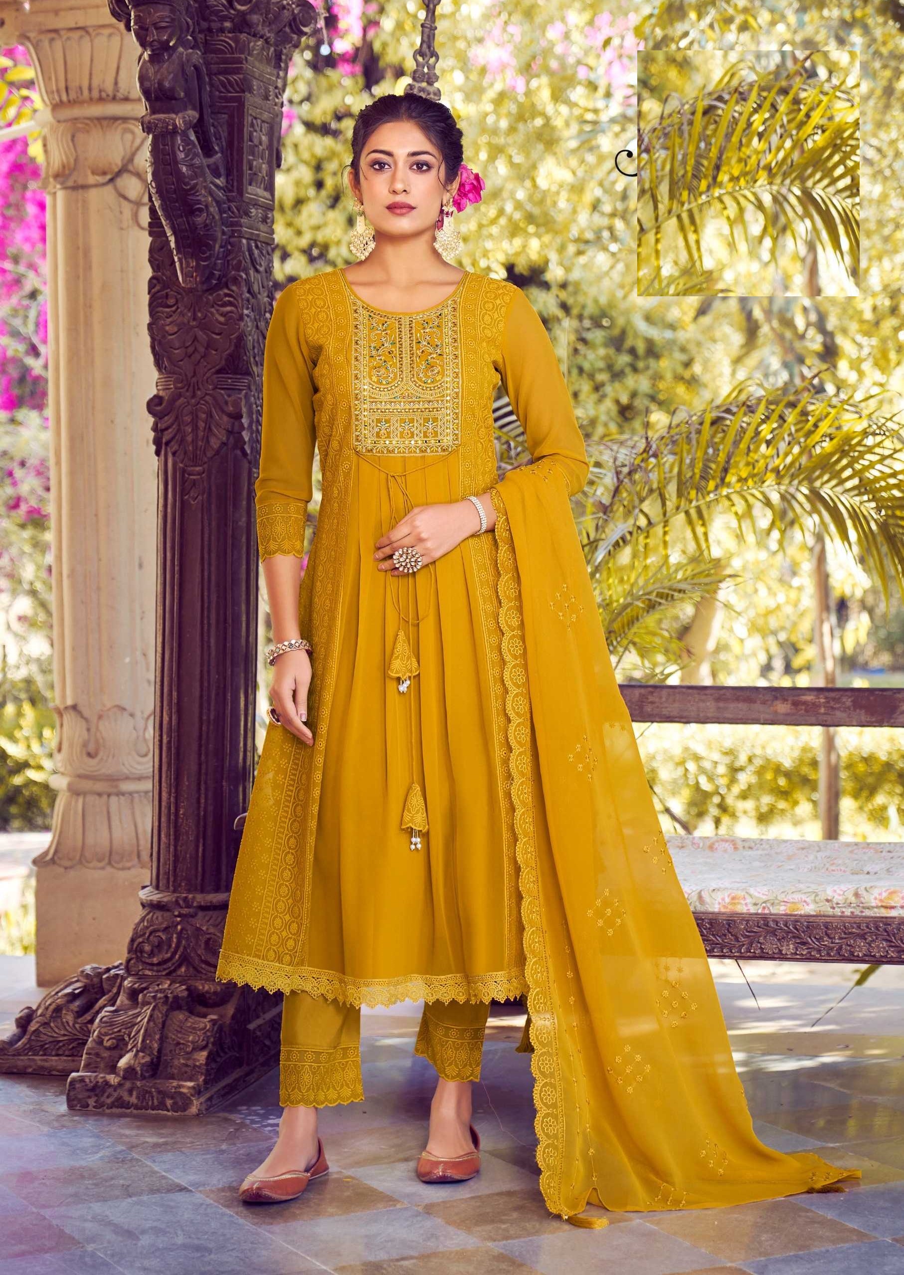 Mustard Georgette Chikankari Work Premium Full Stitch Suits 5067