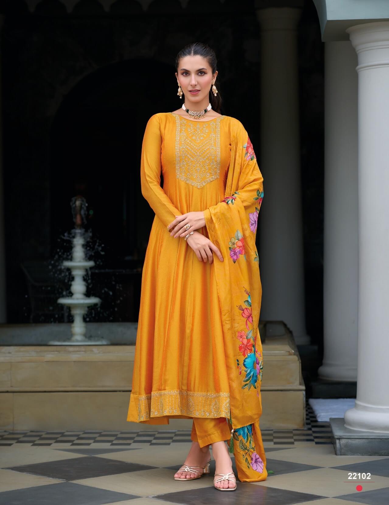 Golden Yellow Silk Anarkali Suit With Floral Organza Dupatta 22102