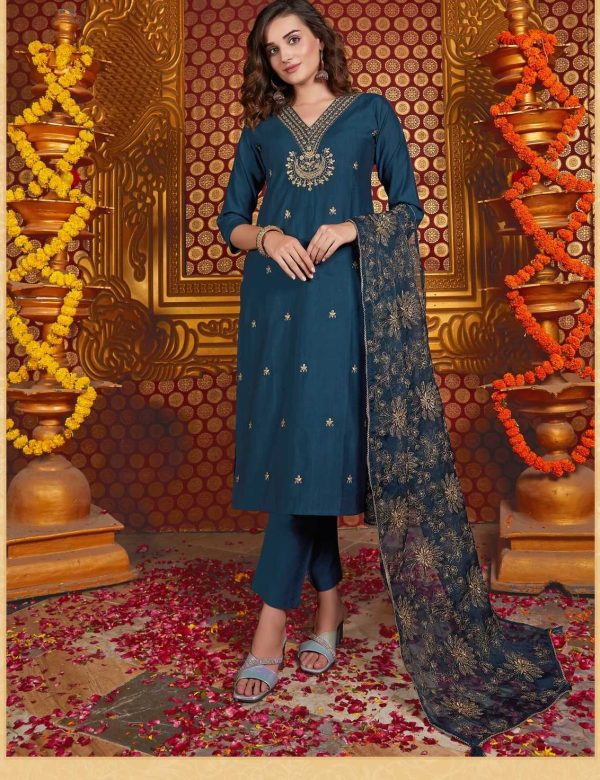 Navy Blue Silk Suit with V-Neck & Organza Dupatta 1004