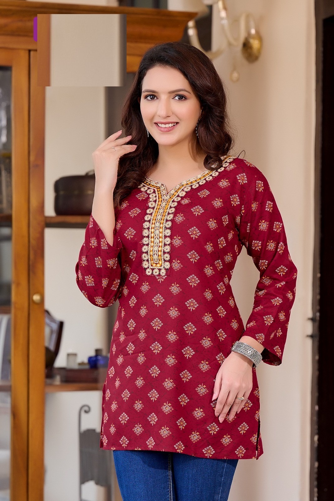 Red Rayon Cotton Mirror Work Short Kurti 202 - Image 2