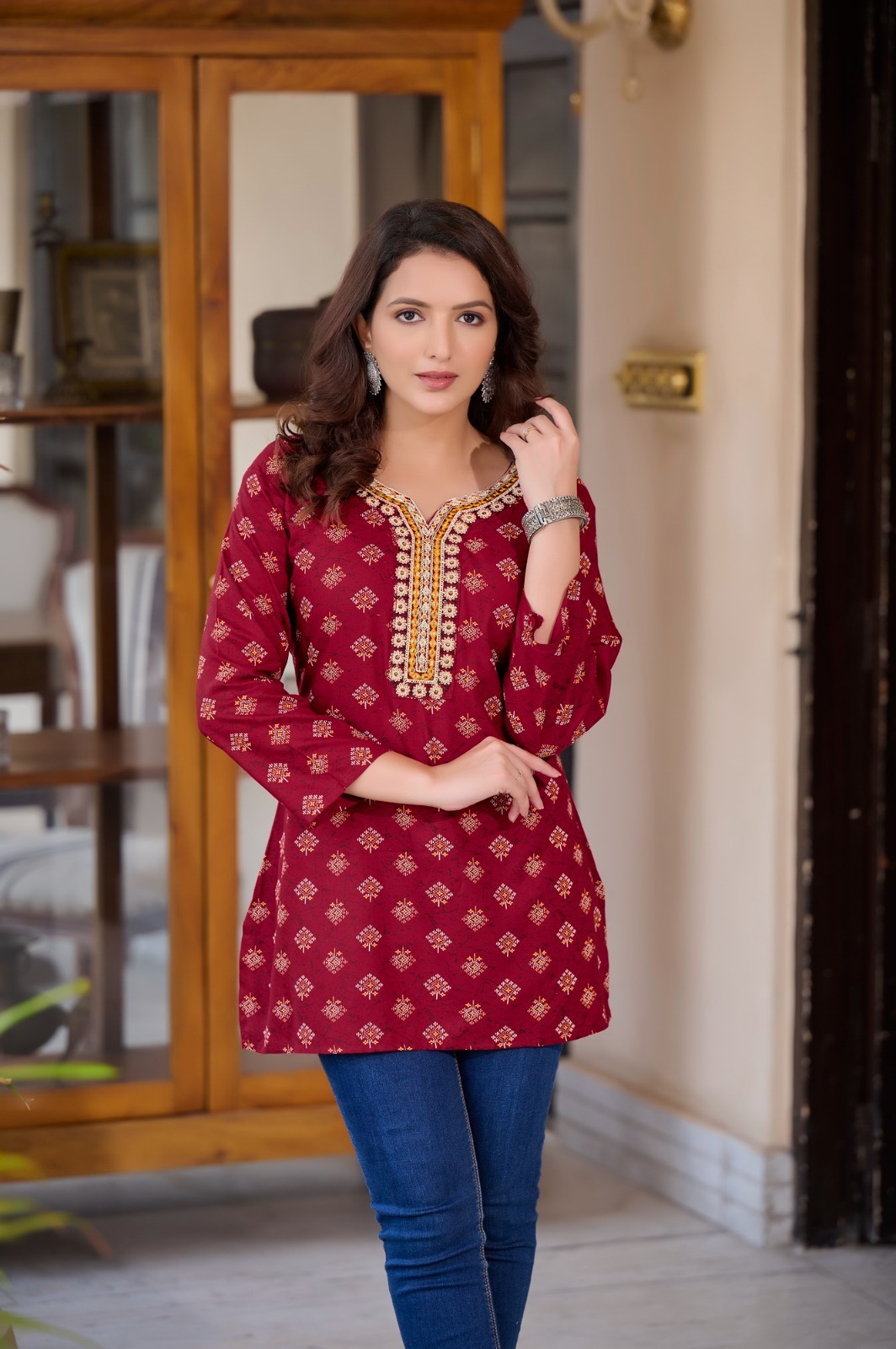 Red Rayon Cotton Mirror Work Short Kurti 202