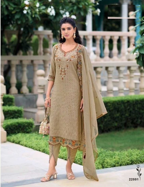Beige Silk Handwork Suit With Tulip Pants & Silk Dupatta 22001
