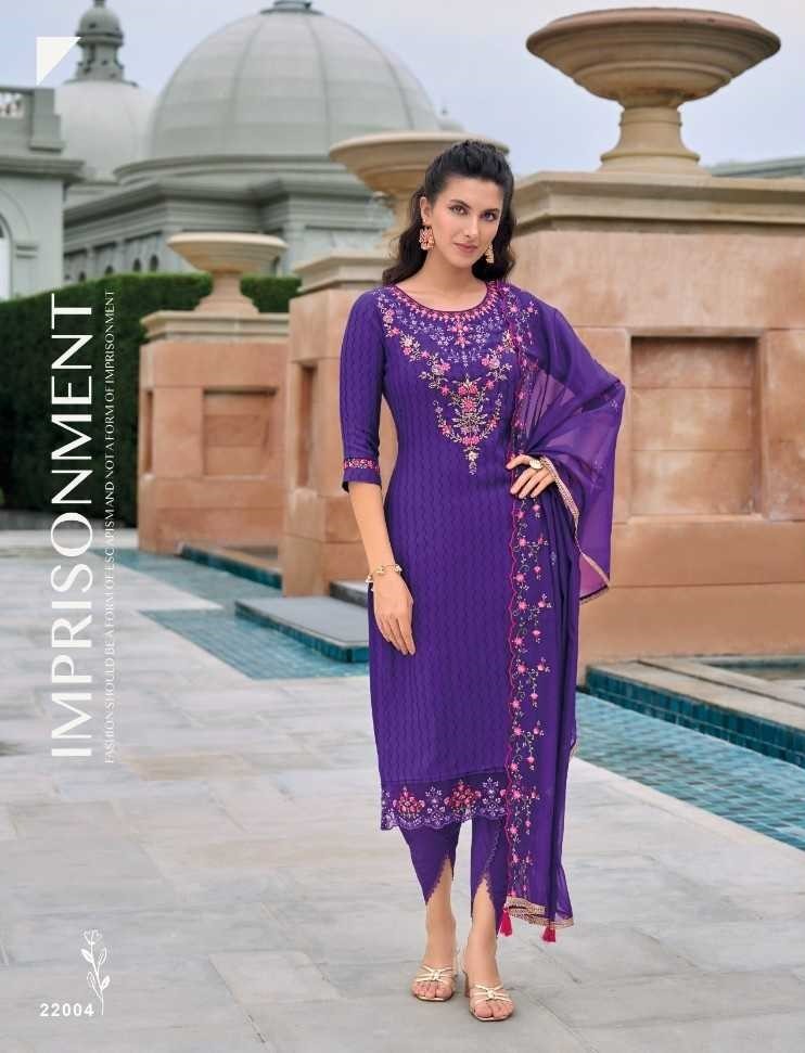 Dark Purple Silk Handwork Suit With Tulip Pants & Silk Dupatta 22004