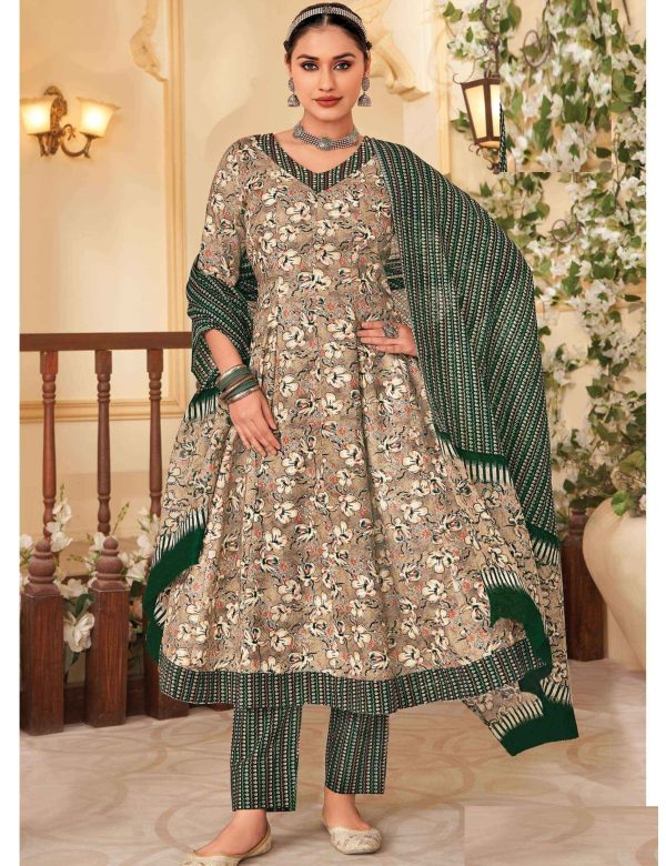 Dark Green Pure Cotton Printed Anarkali Suit 407