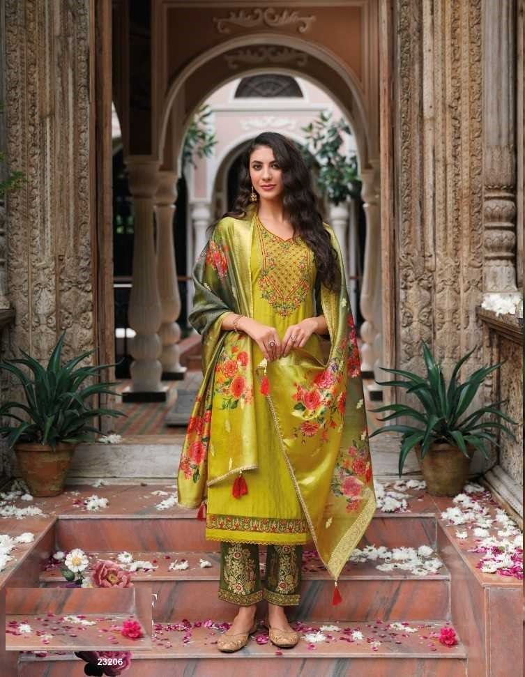 Lemon Green Soft Silk Hand Work Top & Banarasi Bottom With Silk Dupatta Suits 23206