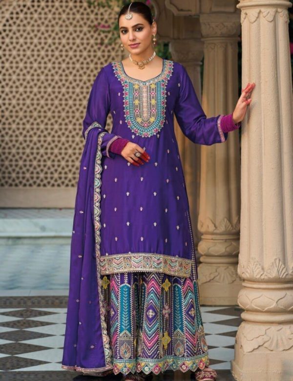 Fabulous Full Stitched Chinon Silk Palazzo Suits For Wedding 1806A