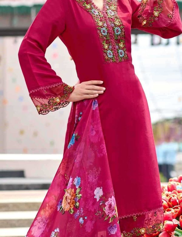 Rose Pink Roman Silk Floral Handwork Embroidery Suit With Organza Printed Dupatta 1002