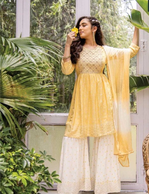 Light Yellow Heavy Rayon Ceremonial Look Sharara Set 104
