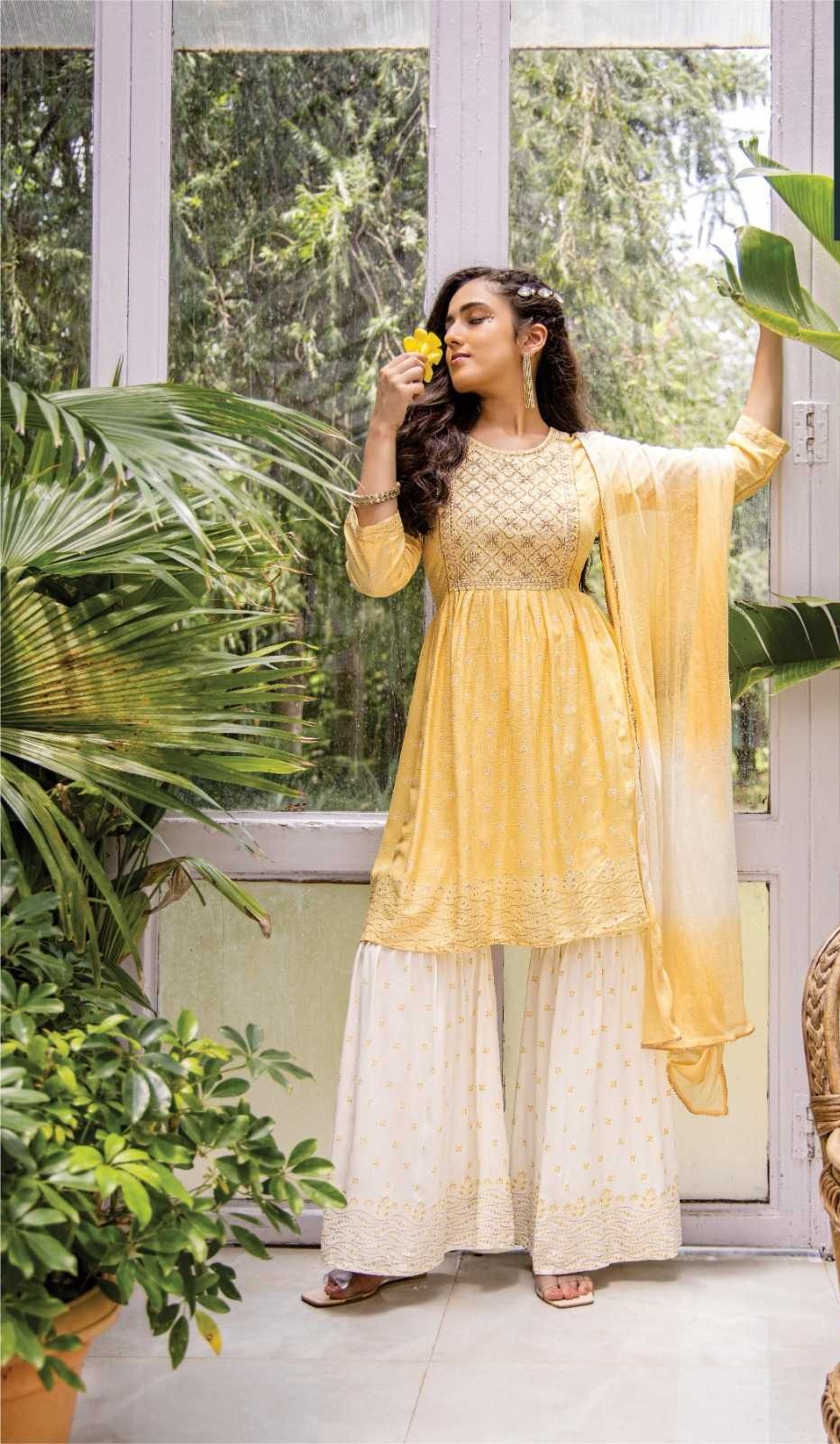Light Yellow Heavy Rayon Ceremonial Look Sharara Set 104