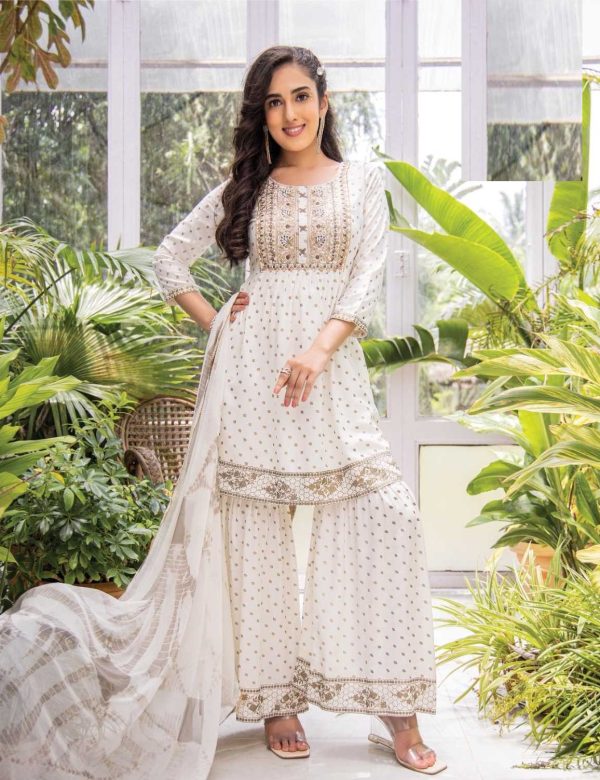 Pure White Heavy Rayon Ceremonial Look Sharara Set 106
