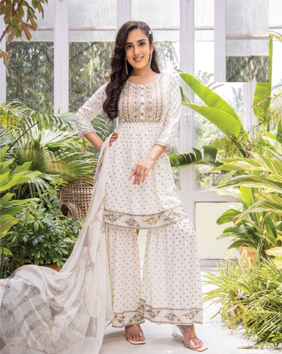 Pure White Heavy Rayon Ceremonial Look Sharara Set 106