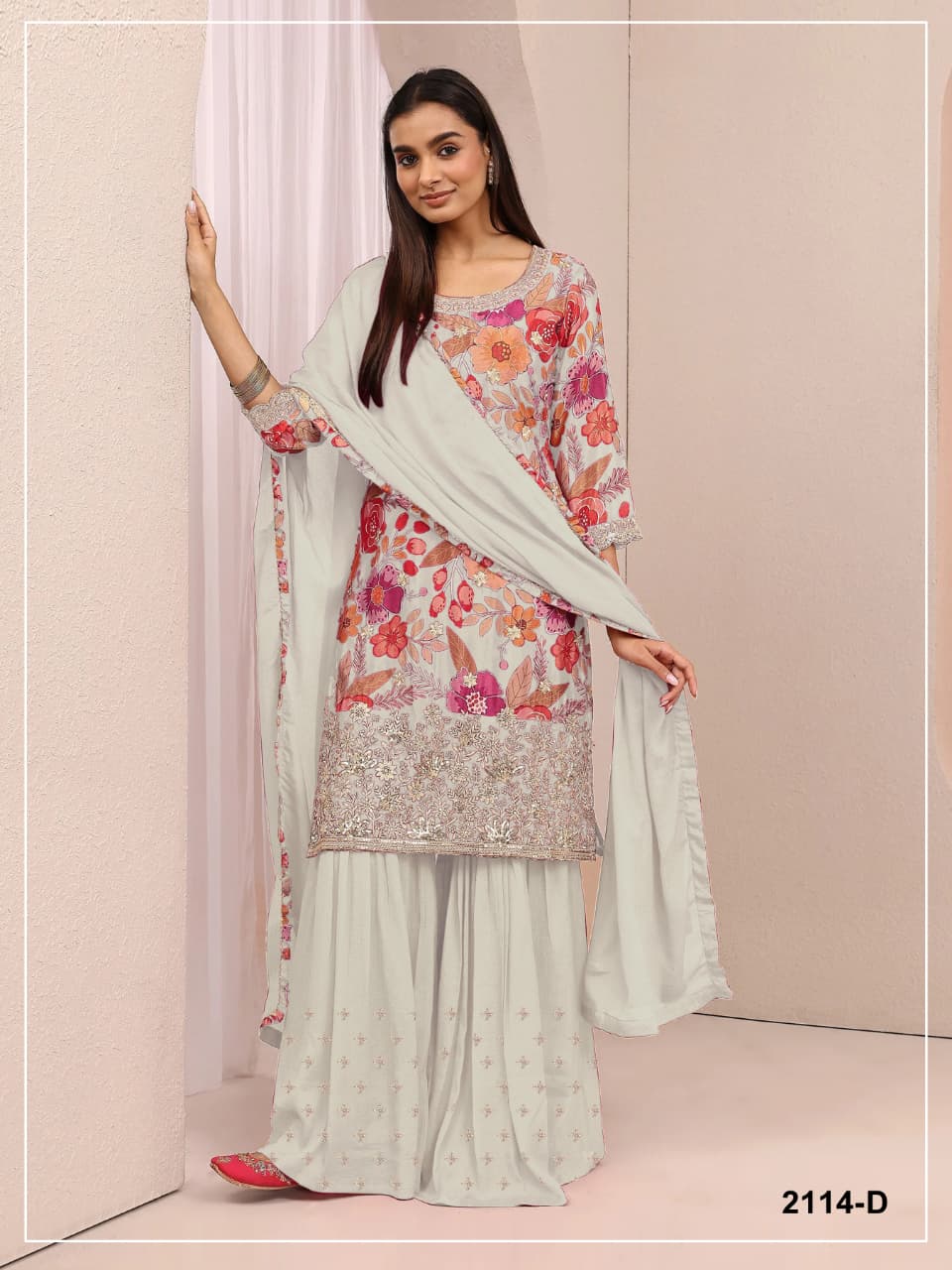 Chinon Silk Floral Print Semi Stitched Ceremonial Suits 2114
