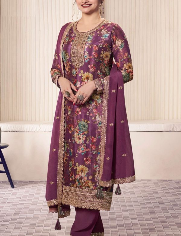 Magenta Floral Print Chinon Silk Plus Size Full Stitched Ceremonial Suits 72061