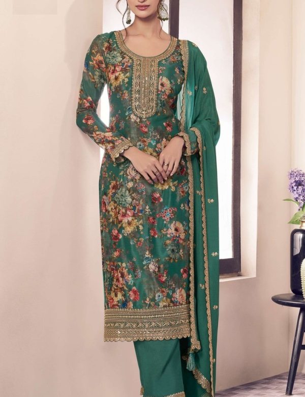 Sea Green Floral Print Chinon Silk Plus Size Semi Stitched Ceremonial Suits 72062