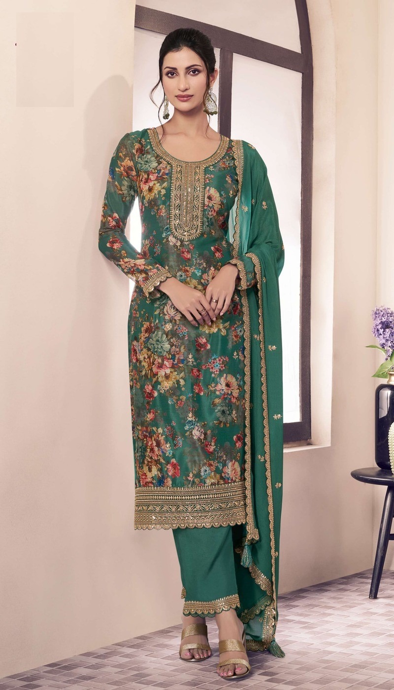 Sea Green Floral Print Chinon Silk Plus Size Semi Stitched Ceremonial Suits 72062