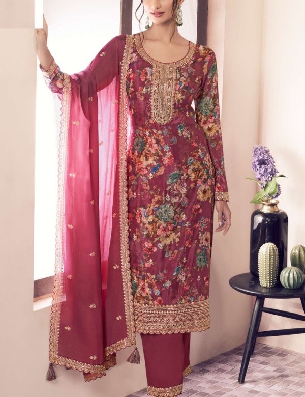 Pink Floral Print Chinon Silk Plus Size Semi Stitched Ceremonial Suits 72064