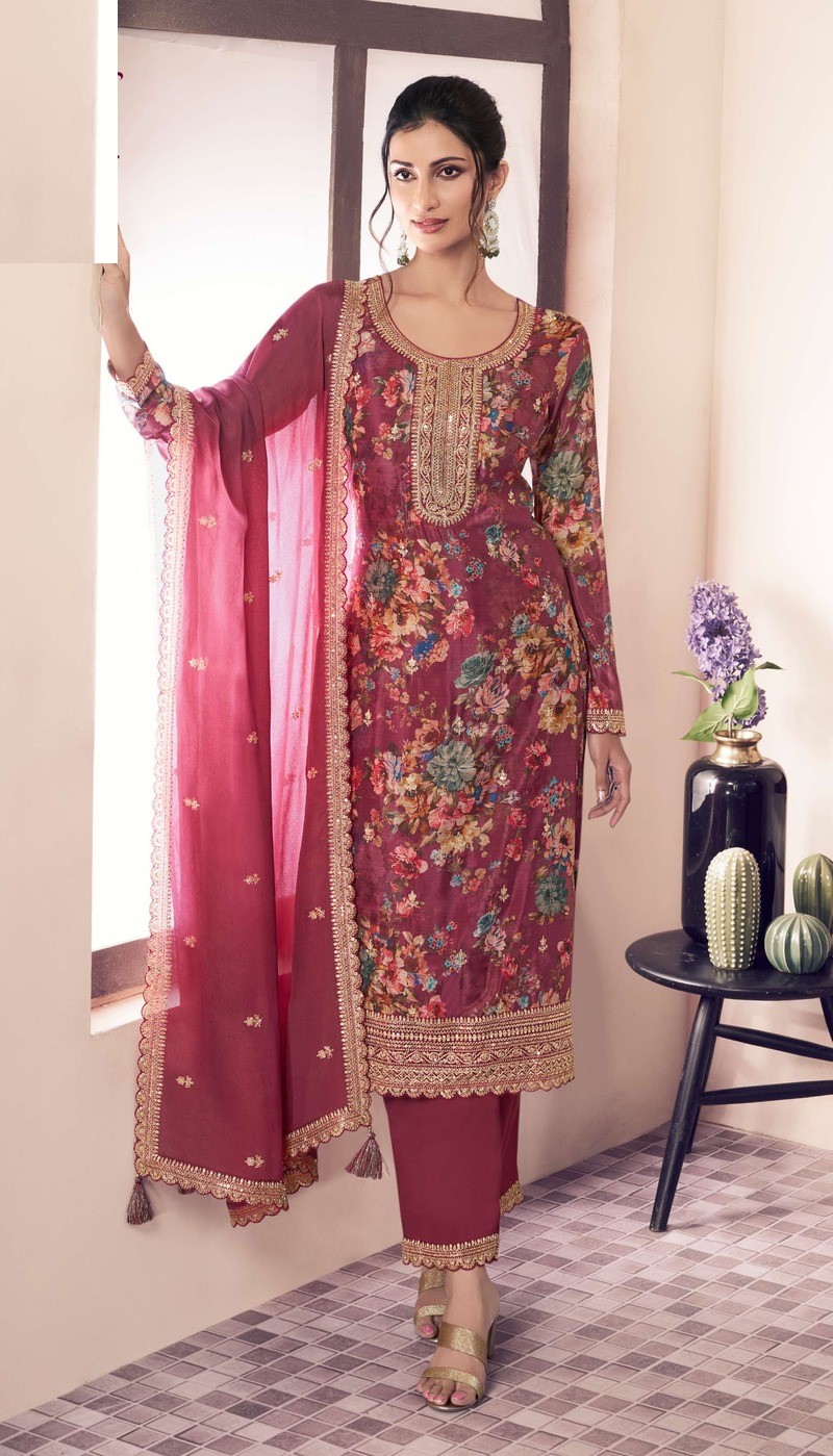 Pink Floral Print Chinon Silk Plus Size Semi Stitched Ceremonial Suits 72064