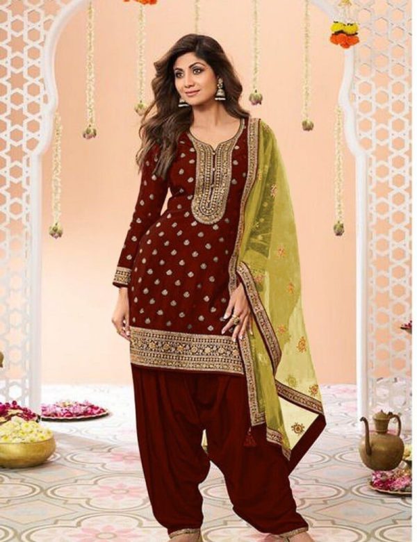 Maroon Plus Size Jacquard Silk Semi Stitched Patiyala Suits 704C