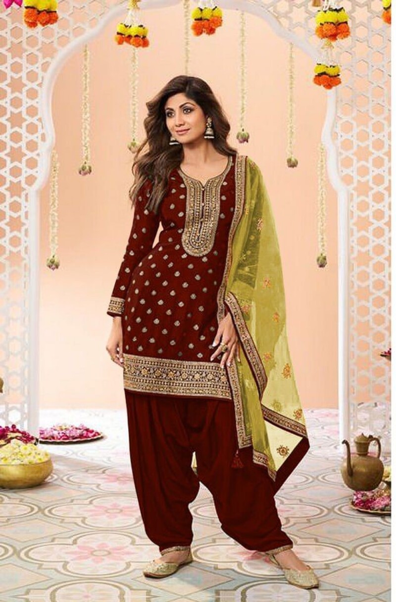 Maroon Plus Size Jacquard Silk Semi Stitched Patiyala Suits 704C