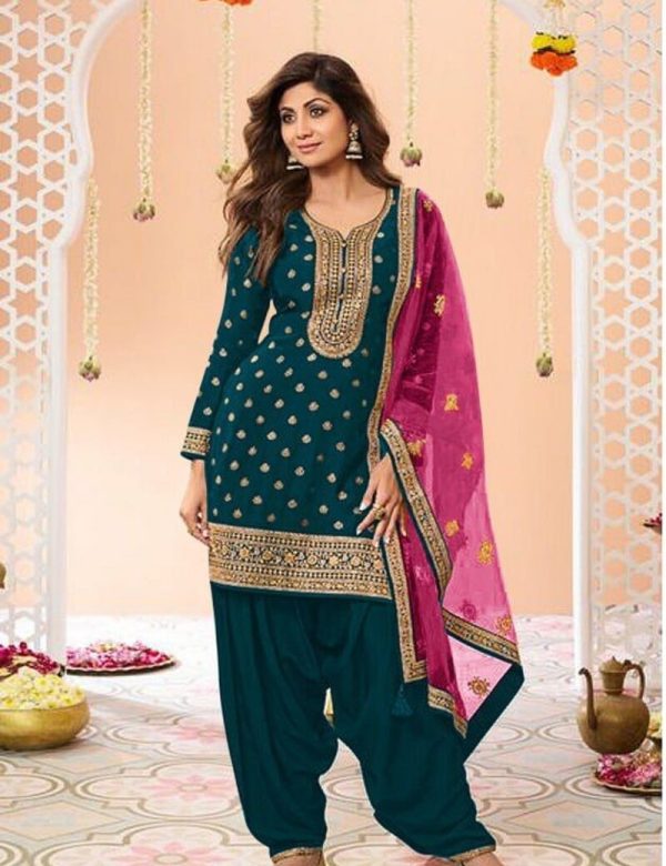 Peacock Blue Plus Size Jacquard Silk Semi Stitched Patiyala Suits 704D