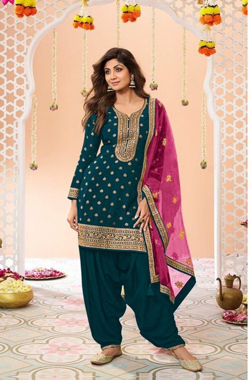 Peacock Blue Plus Size Jacquard Silk Semi Stitched Patiyala Suits 704D