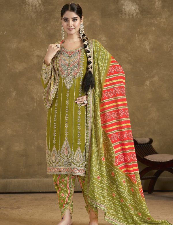 Traditional Bandhani Orange Heavy Embroidery Ceremonial Full Stitched Dhoti Suits 2131