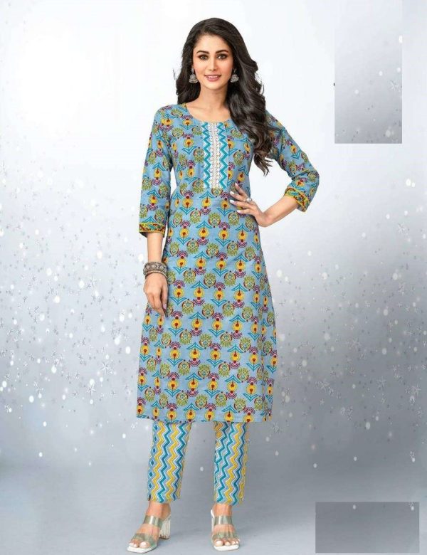 Summer Collection Plus Size Sky Blue Pure Cotton Kurta And Pant Set 1002
