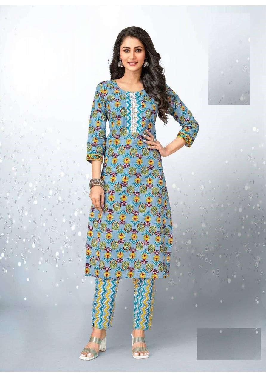 Summer Collection Plus Size Sky Blue Pure Cotton Kurta And Pant Set 1002